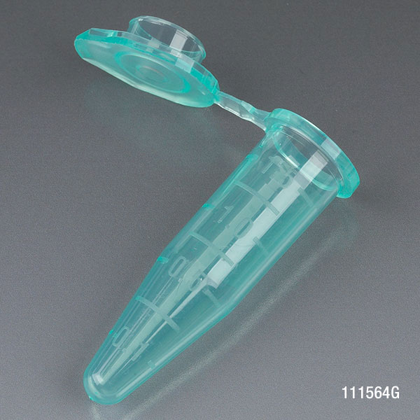 Globe Scientific Microcentrifuge Tube, 1.5mL, PP, Attached Snap Cap, Graduated, Green, Certified: Rnase, Dnase and Pyrogen Free, 500/Stand Up Zip Lock Bag Image