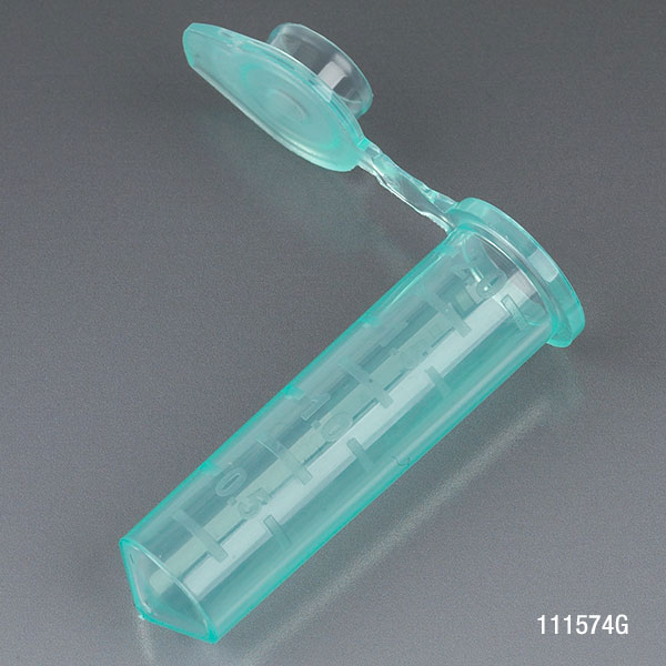 Globe Scientific Microcentrifuge Tube, 2.0mL, PP, Attached Snap Cap, Graduated, Green, Certified: Rnase, Dnase and Pyrogen Free, 500/Stand Up Zip Lock Bag Image