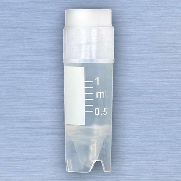 Globe Scientific CryoCLEAR vials, 1.0mL, STERILE, External Threads, Attached Screwcap with Co-Molded Thermoplastic Elastomer (TPE) Sealing Layer, Conical Bottom, Self-Standing, Printed Graduations, Writing Space and Barcode, 50/Bag, 10 Bags/Case Image