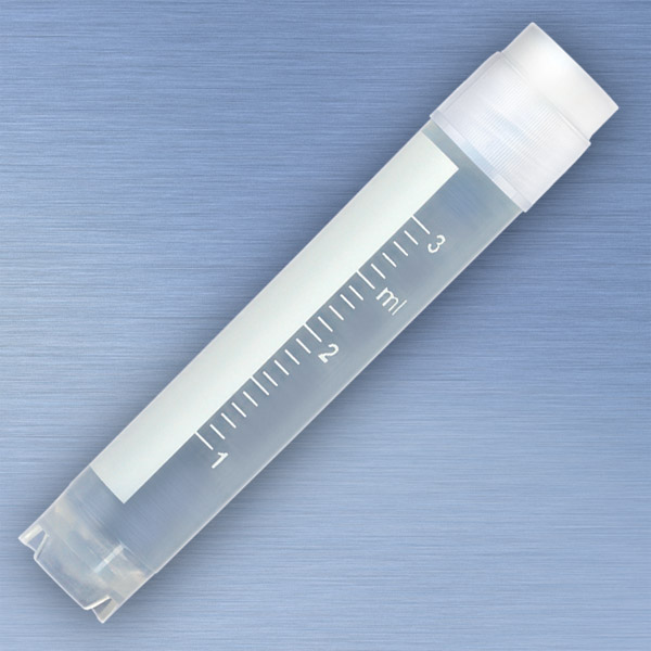 Globe Scientific CryoCLEAR vials, 3.0mL, STERILE, External Threads, Attached Screwcap with Co-Molded Thermoplastic Elastomer (TPE) Sealing Layer, Round Bottom, Self-Standing, Printed Graduations, Writing Space and Barcode, 50/Bag, 10 Bags/Case Image