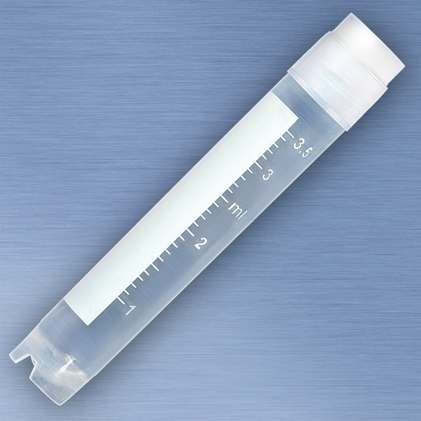 Globe Scientific CryoCLEAR vials, 4.0mL, STERILE, External Threads, Attached Screwcap with Co-Molded Thermoplastic Elastomer (TPE) Sealing Layer, Round Bottom, Self-Standing, Printed Graduations, Writing Space and Barcode, 50/Bag Image