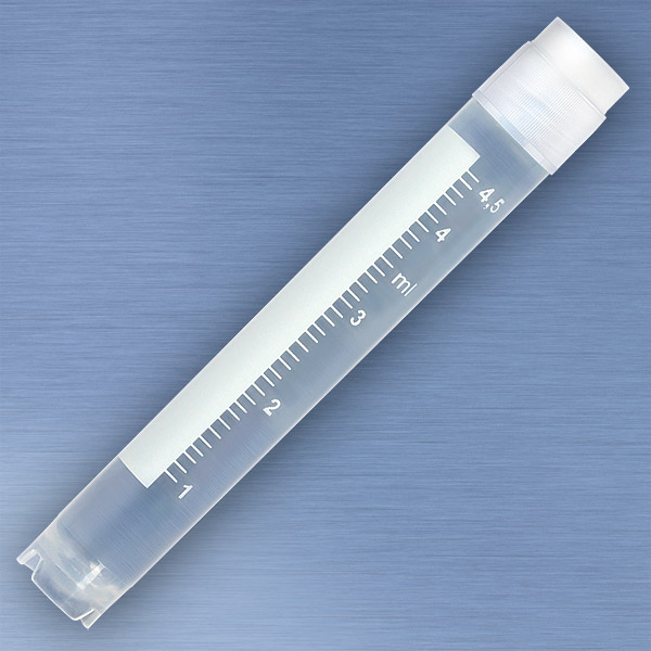 Globe Scientific CryoCLEAR vials, 5.0mL, STERILE, External Threads, Attached Screwcap with Co-Molded Thermoplastic Elastomer (TPE) Sealing Layer, Round Bottom, Self-Standing, Printed Graduations, Writing Space and Barcode, 50/Bag Image