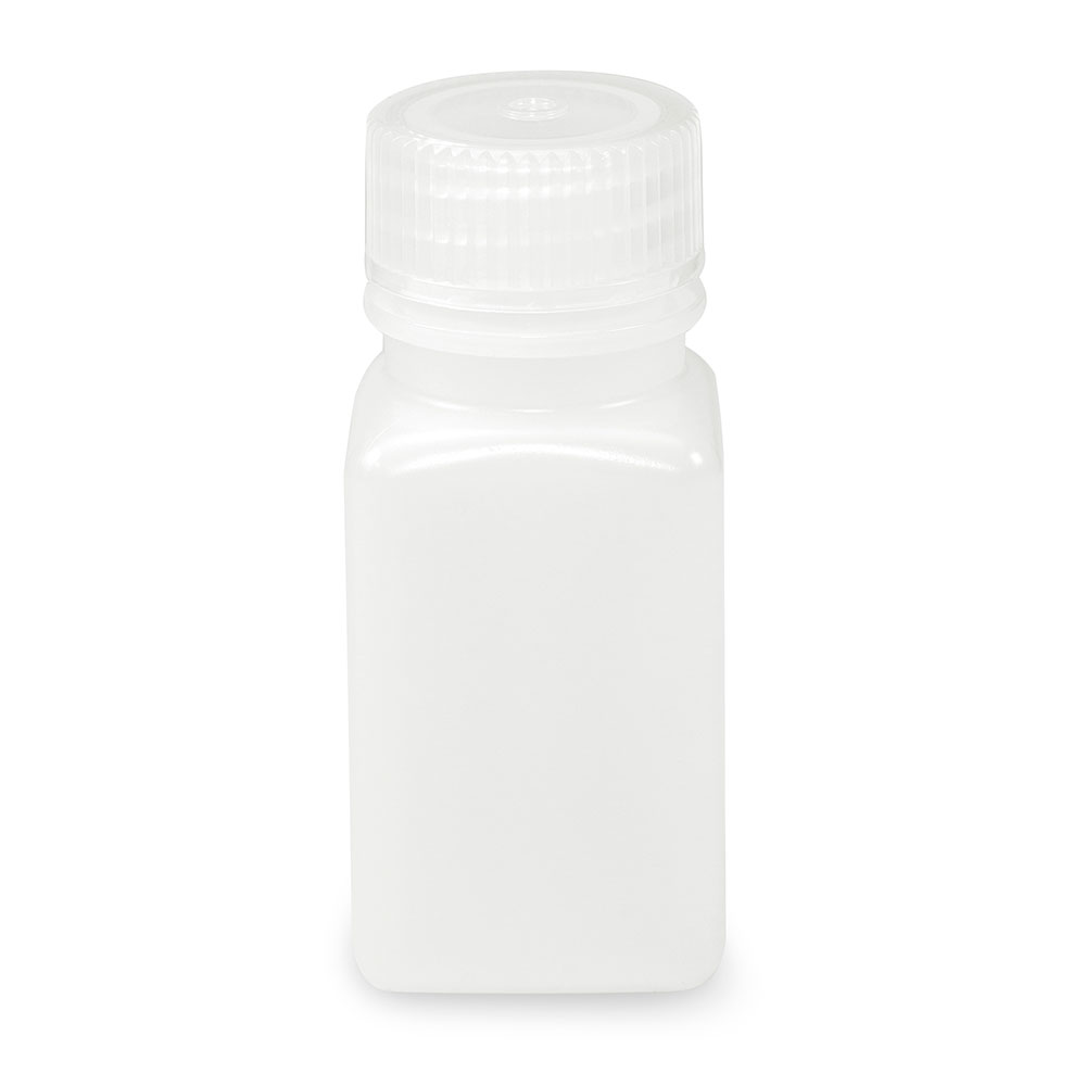 Globe Scientific Bottle, Wide Mouth, Square, HDPE, Attached PP Screw Cap, 60mL, 12/Pack Image