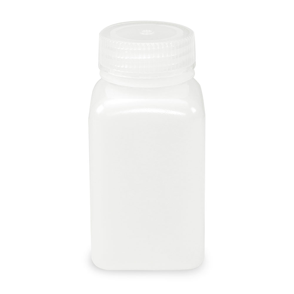 Globe Scientific Bottle, Wide Mouth, Square, HDPE, Attached PP Screw Cap, 175mL, 12/Pack Image