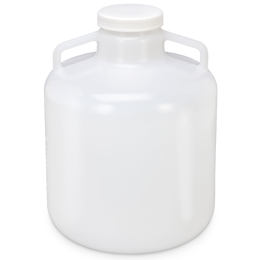 Globe Scientific Carboy, Round with Handles, Wide Mouth, LDPE, White PP Screwcap, 15 Liter, Molded Graduations Image