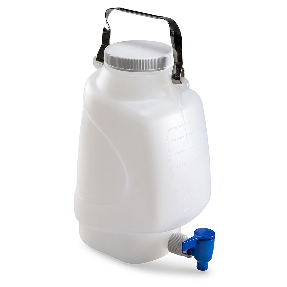 Globe Scientific Carboy, Rectangular with Spigot and Handle, HDPE, White PP Screwcap, 5 Liter, Molded Graduations Image