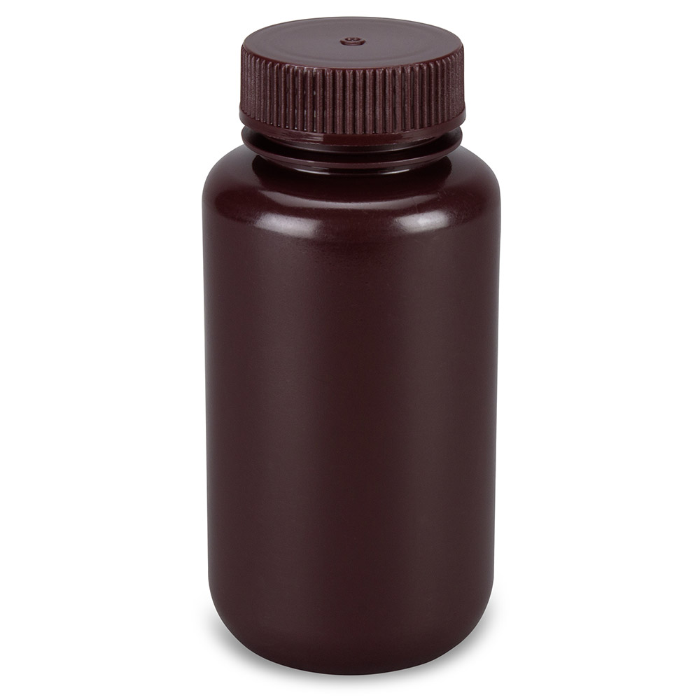 Globe Scientific Bottle, Wide Mouth, Round, Amber HDPE with Amber PP Closure, 250mL, Bulk Packed with Bottles and Caps Bagged Separately, 250/Case Image