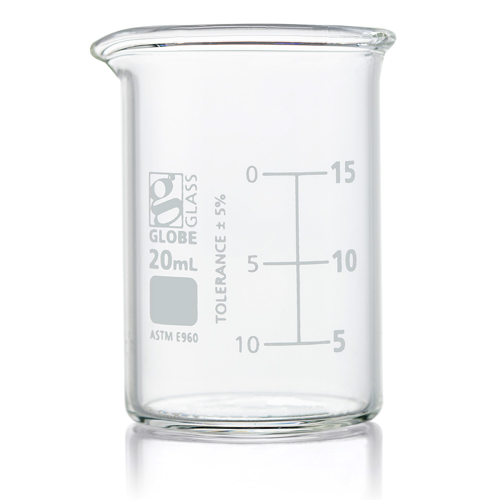 Globe Scientific Beaker, Globe Glass, 20mL, Low Form Griffin Style, Dual Graduations, ASTM E960, 12/Box Image