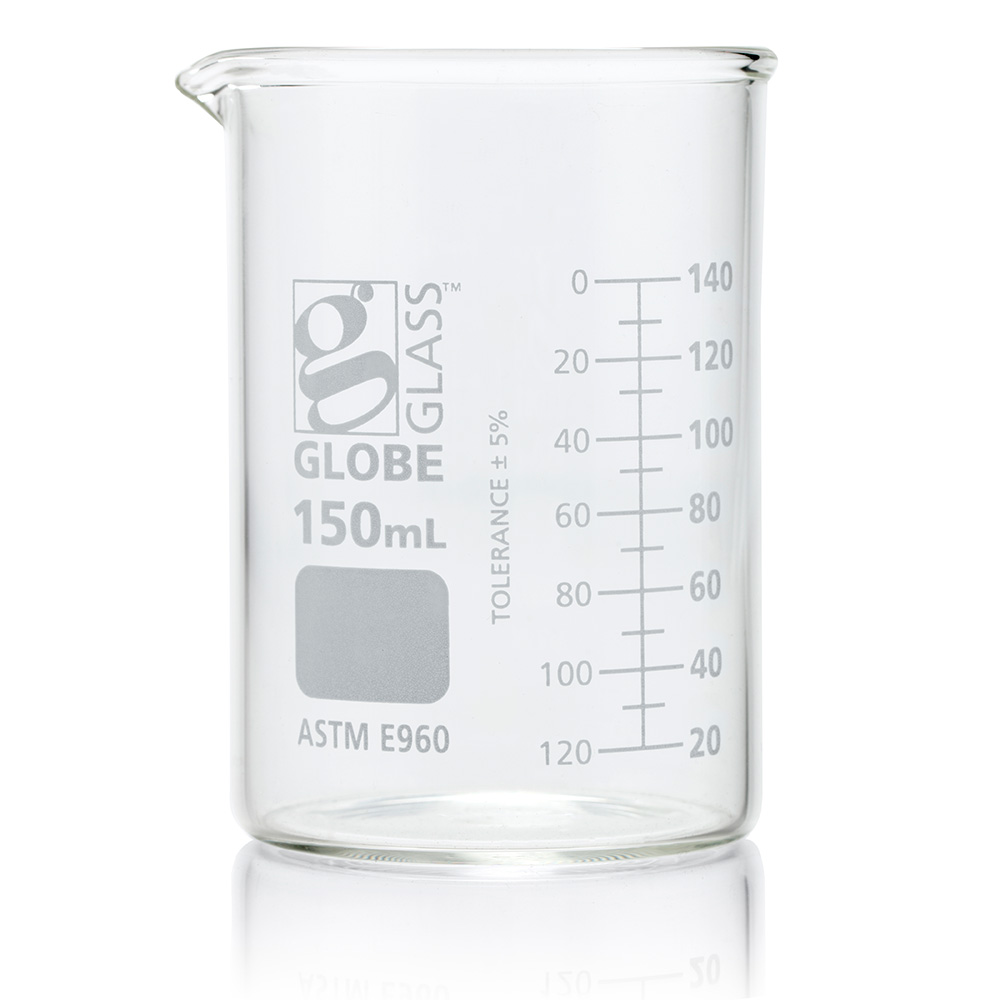 Globe Scientific Beaker, Globe Glass, 150mL, Low Form Griffin Style, Dual Graduations, ASTM E960, 12/Box Image