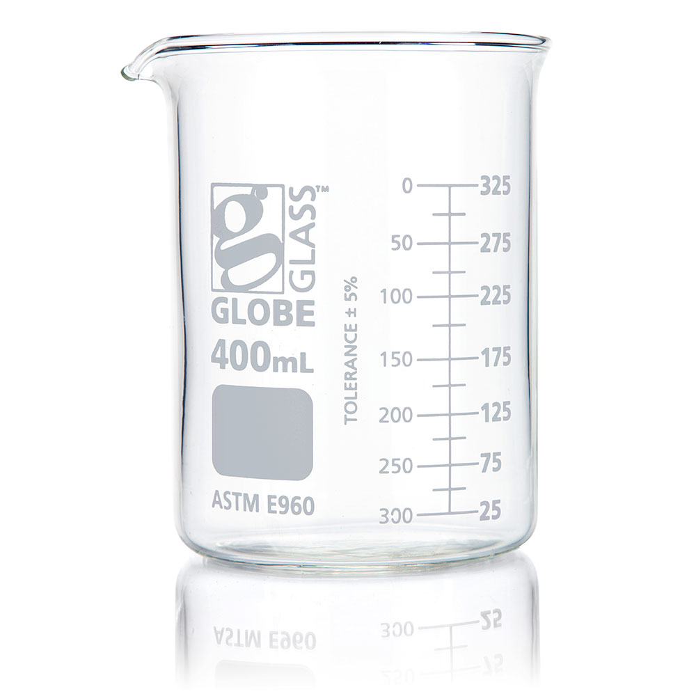 Globe Scientific Beaker, Globe Glass, 400mL, Low Form Griffin Style, Dual Graduations, ASTM E960, 12/Box Image