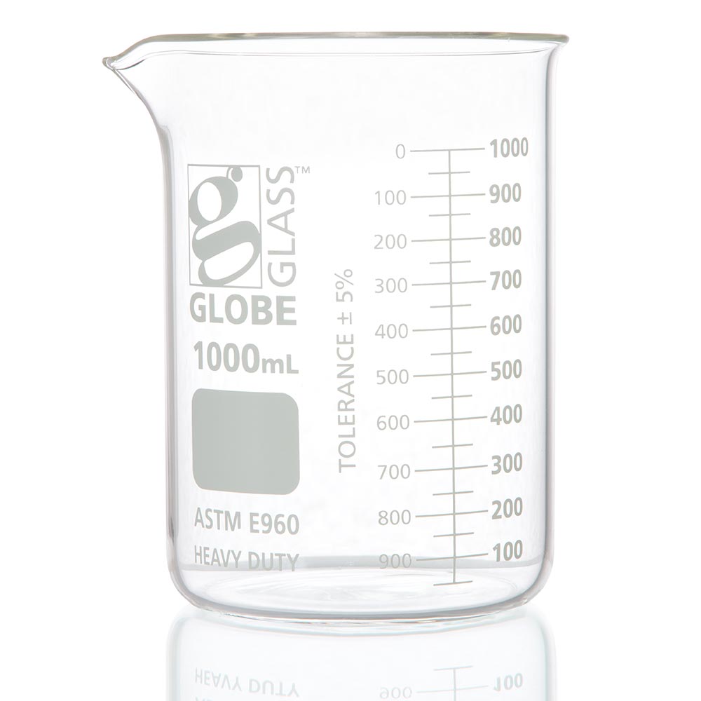 Globe Scientific Beaker, Globe Glass, 1000mL, Low Form Griffin Style, Heavy Duty, Dual Graduations, ASTM E960, 6/Box Image