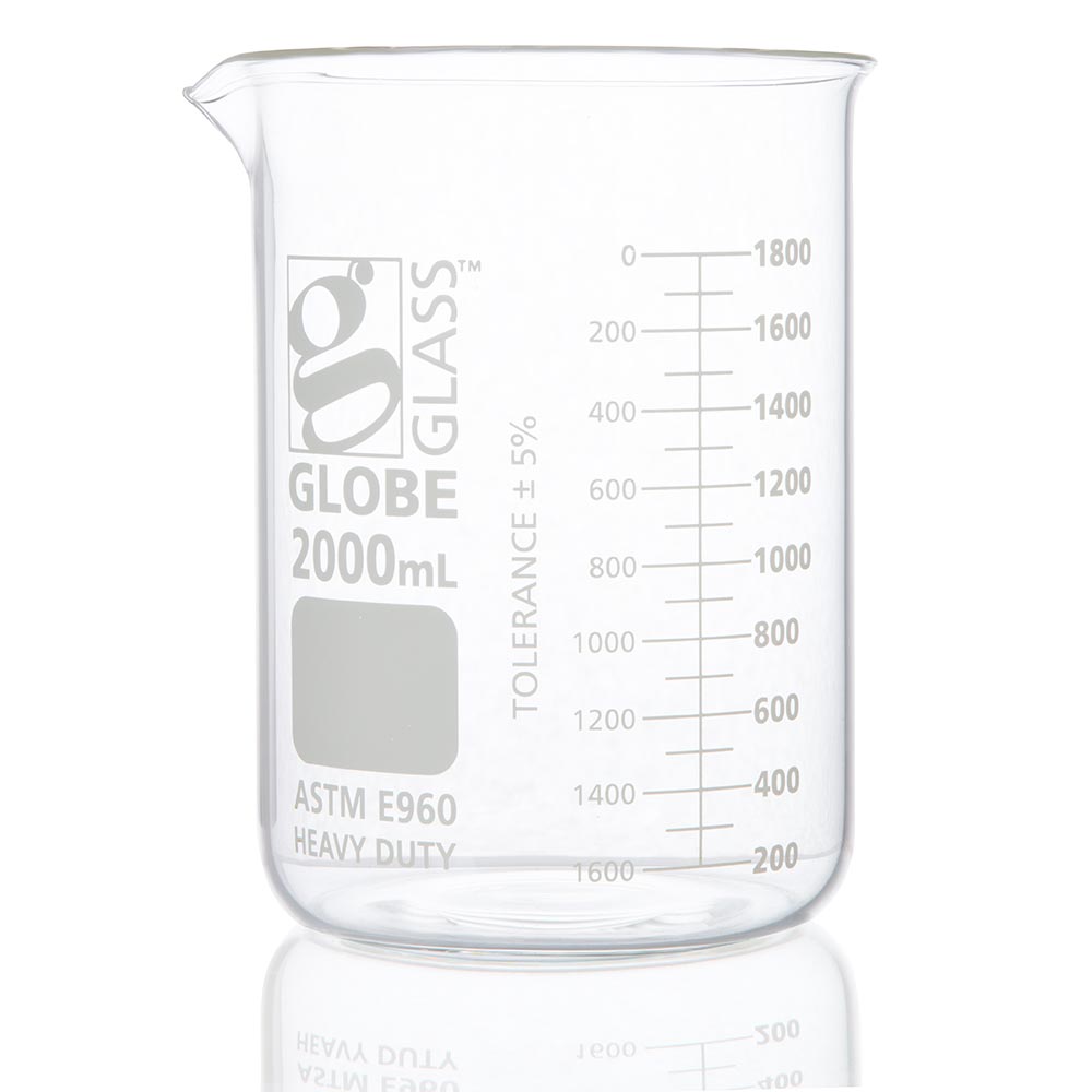 Globe Scientific Beaker, Globe Glass, 2000mL, Low Form Griffin Style, Heavy Duty, Dual Graduations, ASTM E960, 4/Box Image