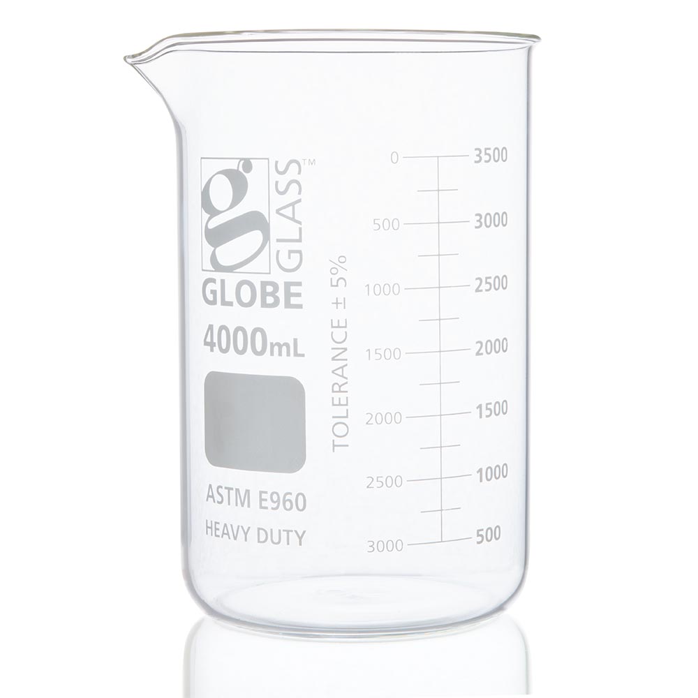 Globe Scientific Beaker, Globe Glass, 4000mL, Low Form Griffin Style, Heavy Duty, Dual Graduations, ASTM E960, 1/Box Image