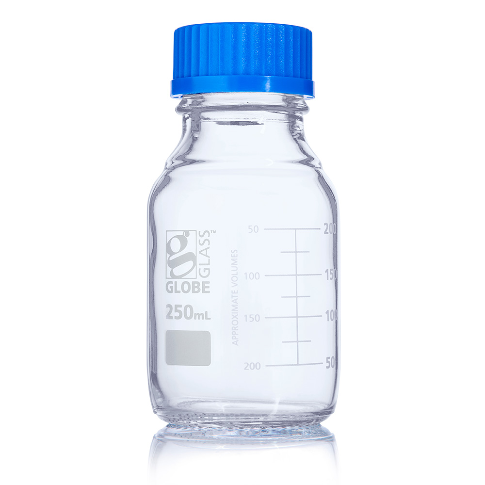 Globe Scientific Bottle, Media, Globe Glass, 250mL, GL45 Screw Cap, Dual Graduations, 10/Box Image