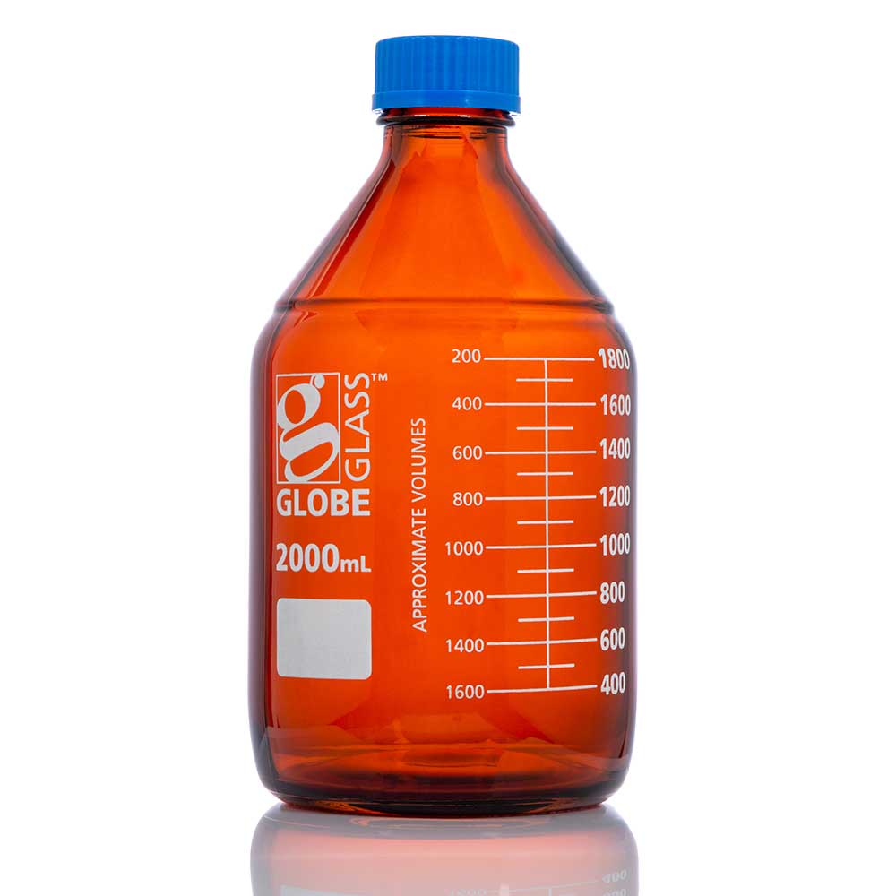 Globe Scientific Bottle, Amber Media, Globe Glass, 2000mL, GL45 Screw Cap, Dual Graduations, 10/Box Image