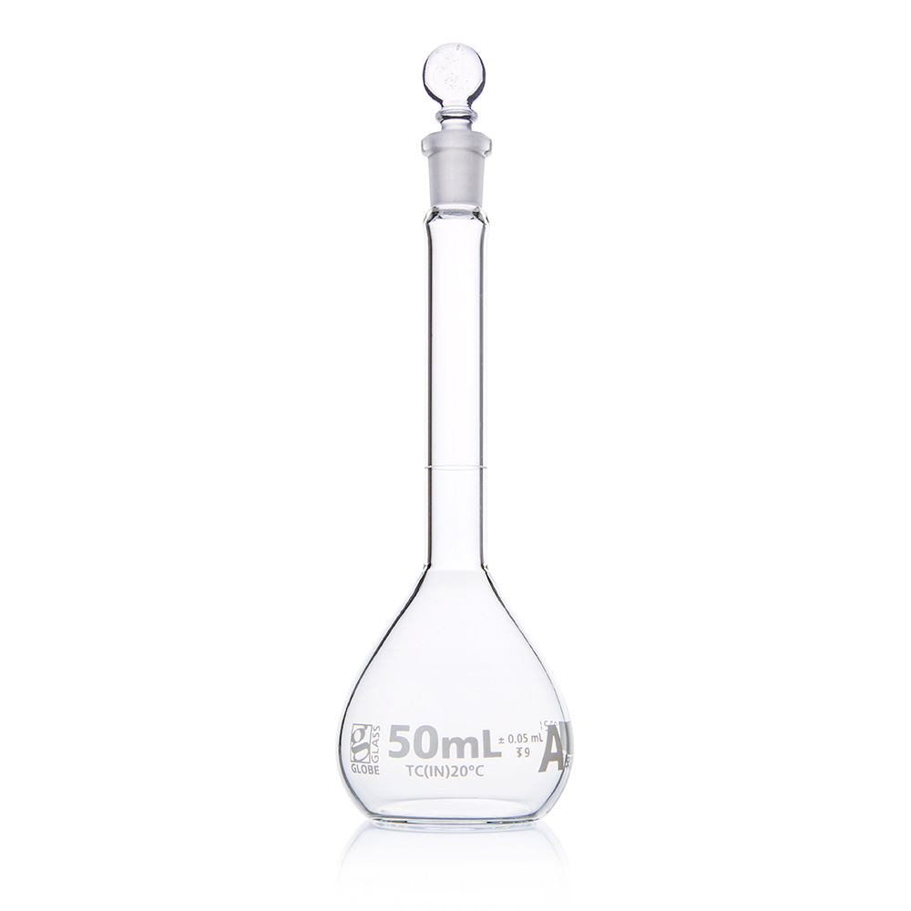 Globe Scientific Flask, Volumetric , Globe Glass, 50mL, Class A, To Contain (TC), ASTM E288, 6/Box Image