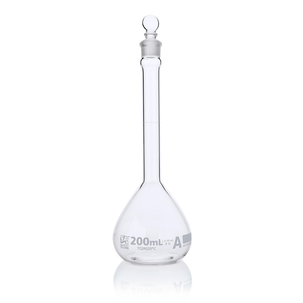 Globe Scientific Flask, Volumetric , Globe Glass, 200mL, Class A, To Contain (TC), ASTM E288, 6/Box Image