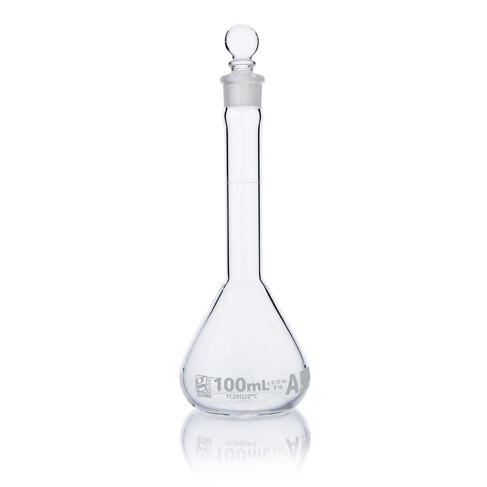 Globe Scientific Flask, Volumetric,  Wide Mouth, Globe Glass, 100mL, Class A, To Contain (TC), ASTM E288, 6/Box Image