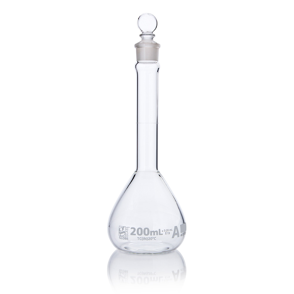 Globe Scientific Flask, Volumetric,  Wide Mouth, Globe Glass, 200mL, Class A, To Contain (TC), ASTM E288, 6/Box Image