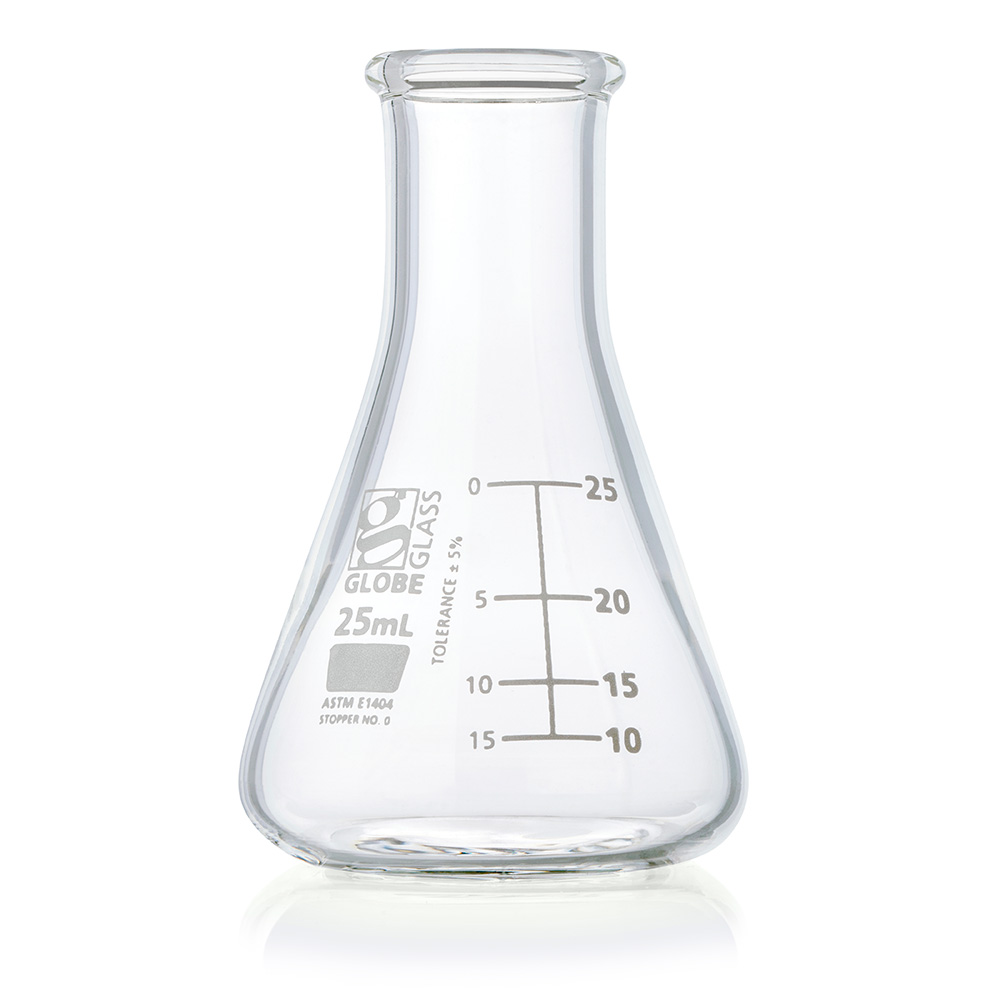 Globe Scientific Flask, Erlenmeyer, Globe Glass, 25mL, Narrow Mouth, Dual Graduations, ASTM E1404, 12/Box Image