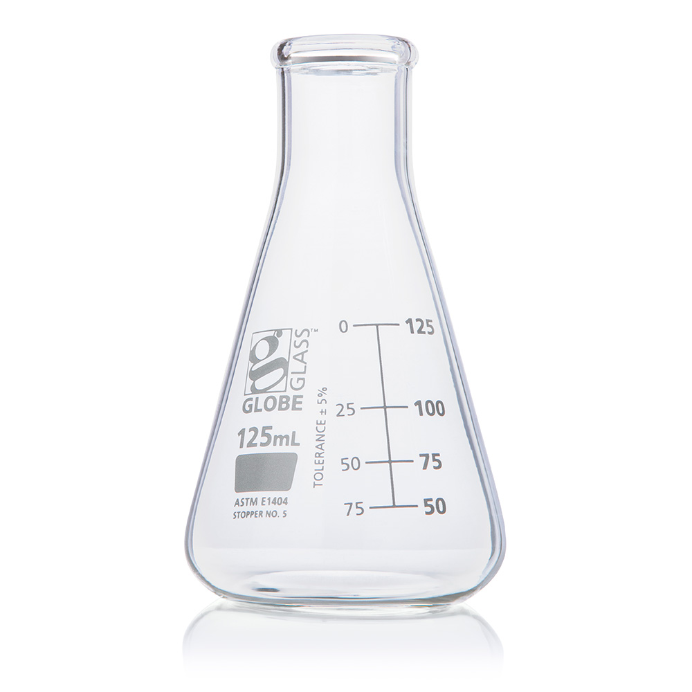 Globe Scientific Flask, Erlenmeyer, Globe Glass, 125mL, Narrow Mouth, Dual Graduations, ASTM E1404, 12/Box Image