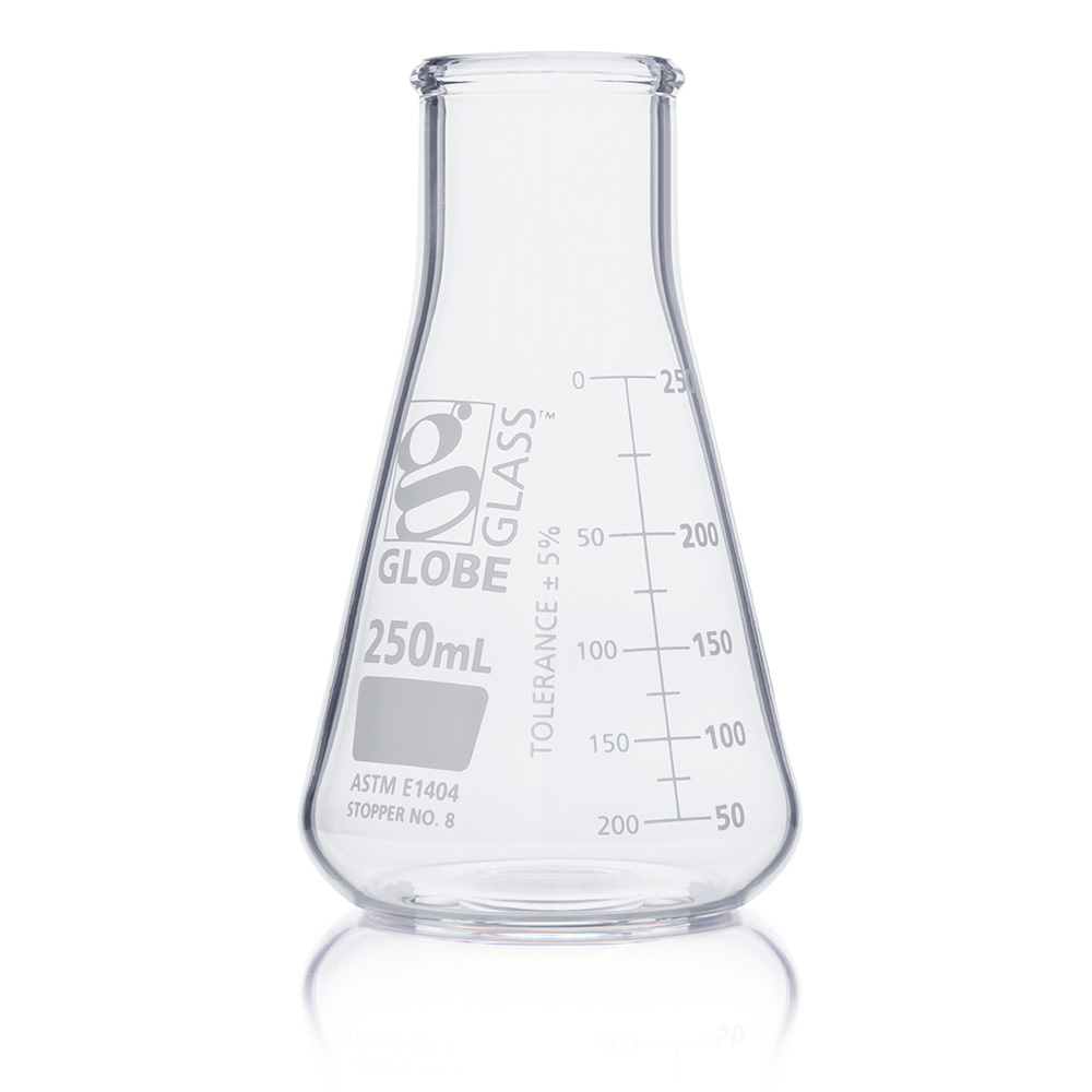 Globe Scientific Flask, Erlenmeyer, Globe Glass, 250mL, Wide Mouth, Dual Graduations, ASTM E1404, 12/Box Image