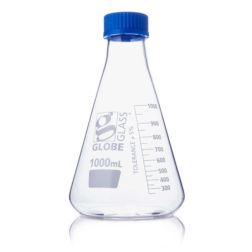 Globe Scientific Flask, Erlenmeyer, Globe Glass, 1000mL, Screw Cap, Dual Graduations, ASTM E1404, 4/Box Image