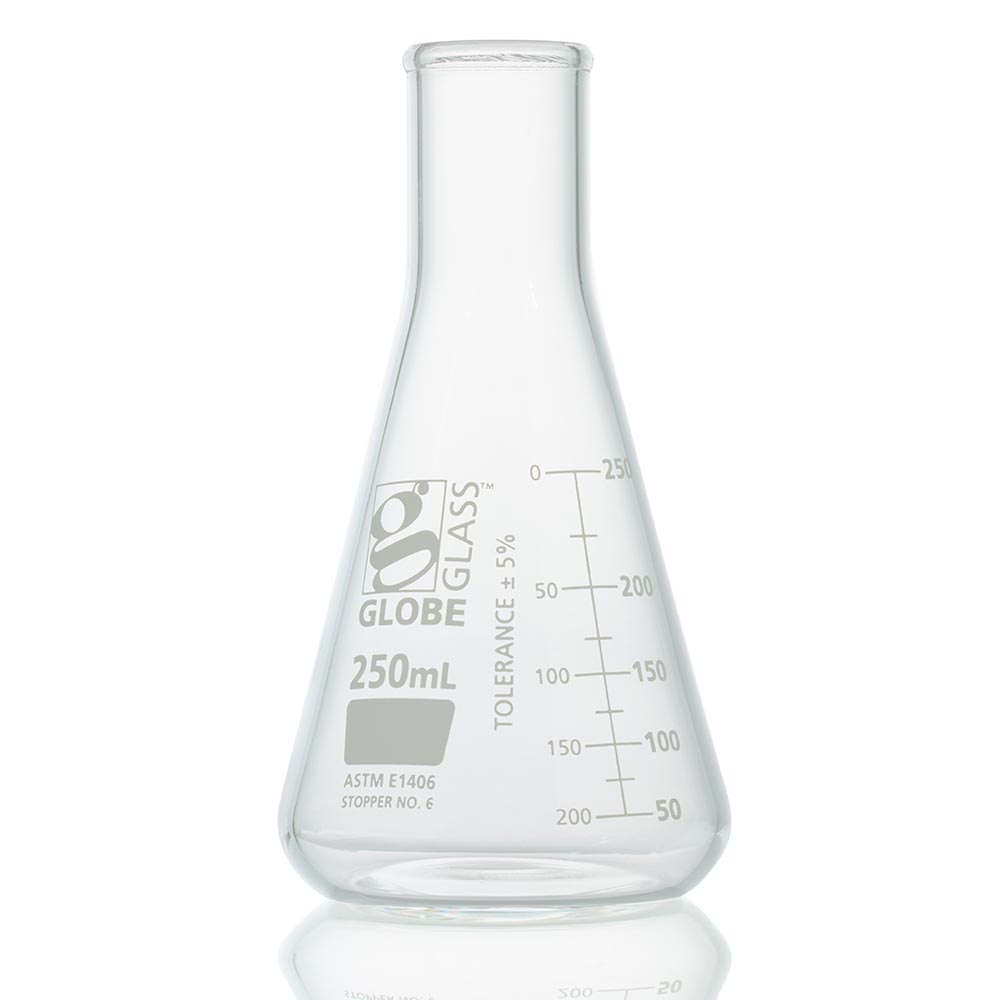 Globe Scientific Flask, Erlenmeyer, Globe Glass, 250mL, Heavy Duty, Narrow Mouth, Dual Graduations, ASTM E1406, 6/Box Image