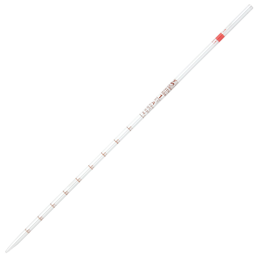 Globe Scientific Pipette, Serological, Globe Glass, Reusable, 1mL, Class A, To Deliver (TD), 0.1 Graduations, Red Band, 6/Box Image