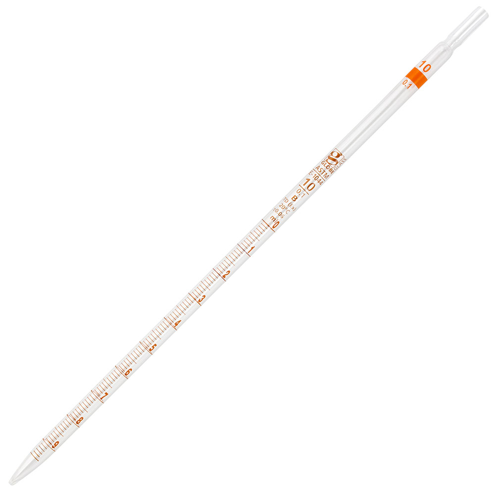 Globe Scientific Pipette, Serological, Globe Glass, Reusable, 10mL, To Deliver (TD), 0.1 Graduations, Orange Band, ASTM E1044, 6/Box Image